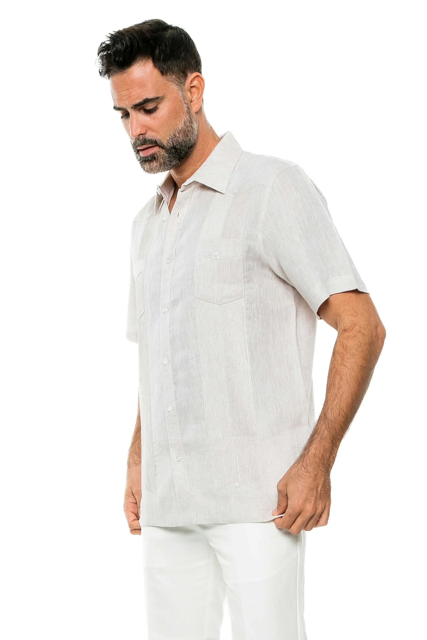 Men's Yarn Dye 100% Linen Guayabera Shirt Short Sleeve 2 Pocket Design - Image 54