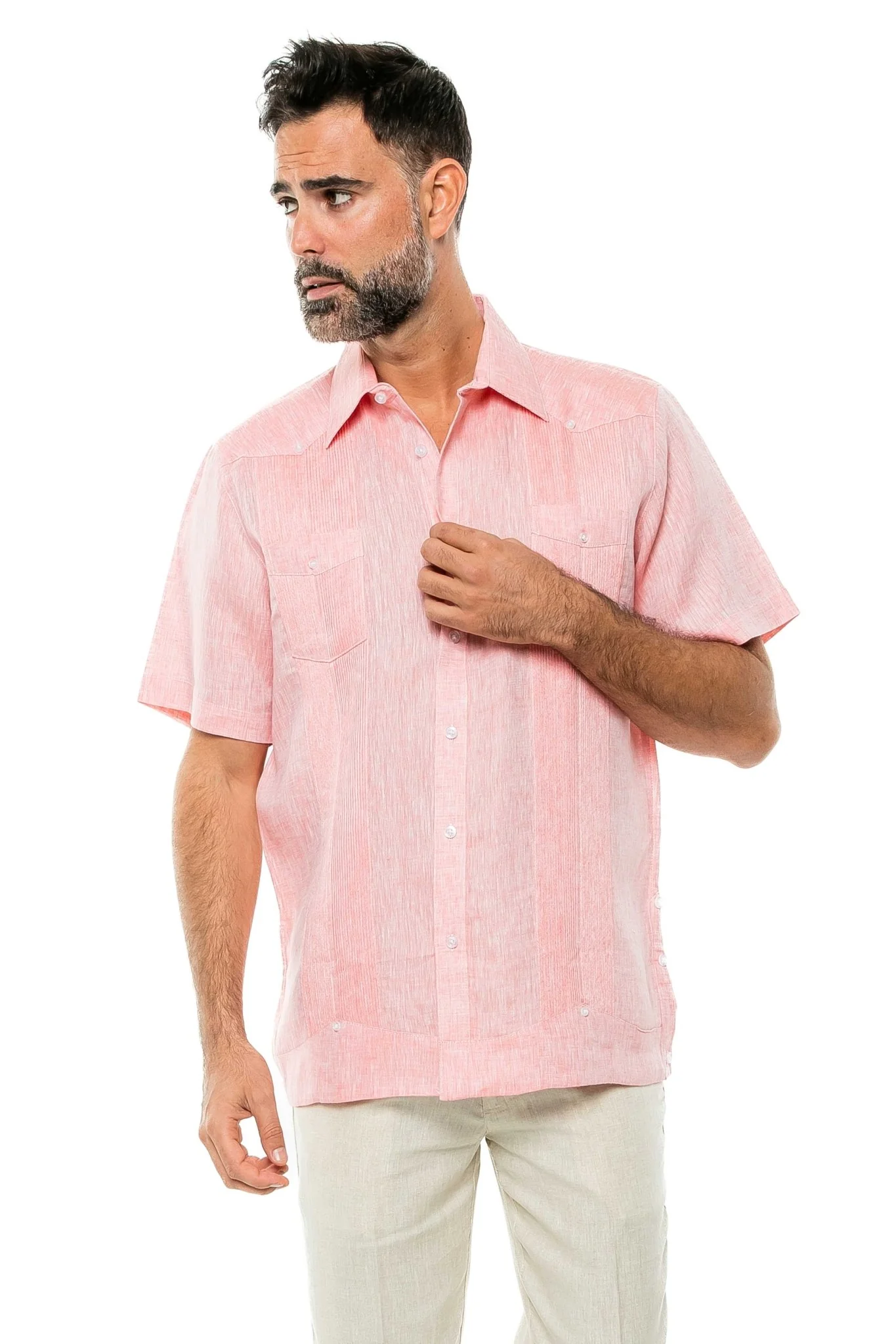Men's Yarn Dye 100% Linen Guayabera Shirt Short Sleeve 2 Pocket Design - Image 57