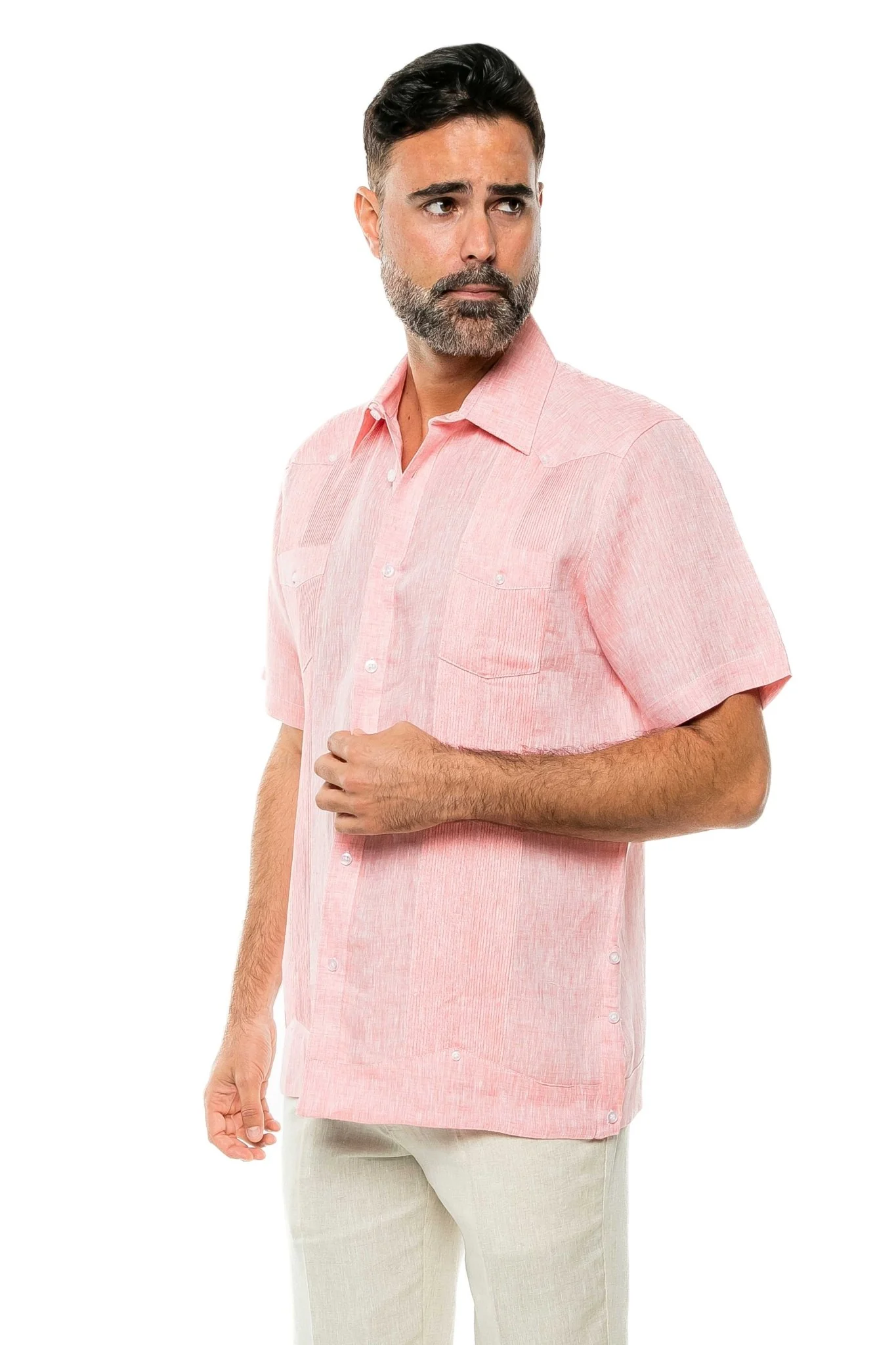 Men's Yarn Dye 100% Linen Guayabera Shirt Short Sleeve 2 Pocket Design - Image 58