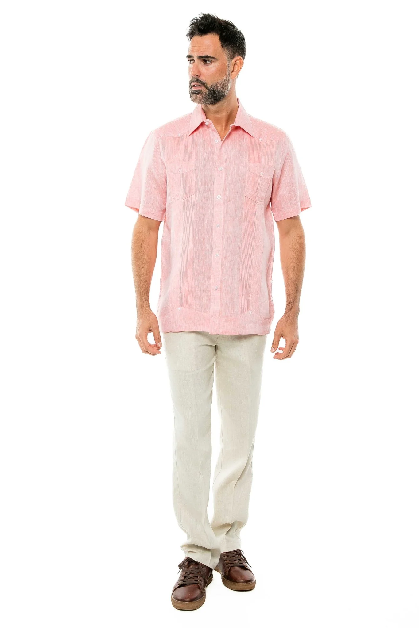 Men's Yarn Dye 100% Linen Guayabera Shirt Short Sleeve 2 Pocket Design - Image 59