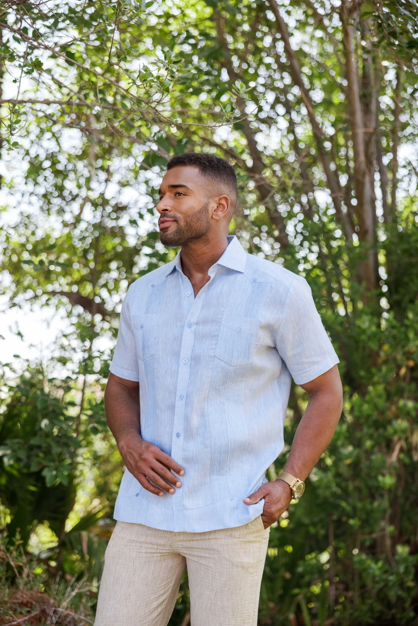 Men's Yarn Dye 100% Linen Guayabera Shirt Short Sleeve 2 Pocket Design - Image 6