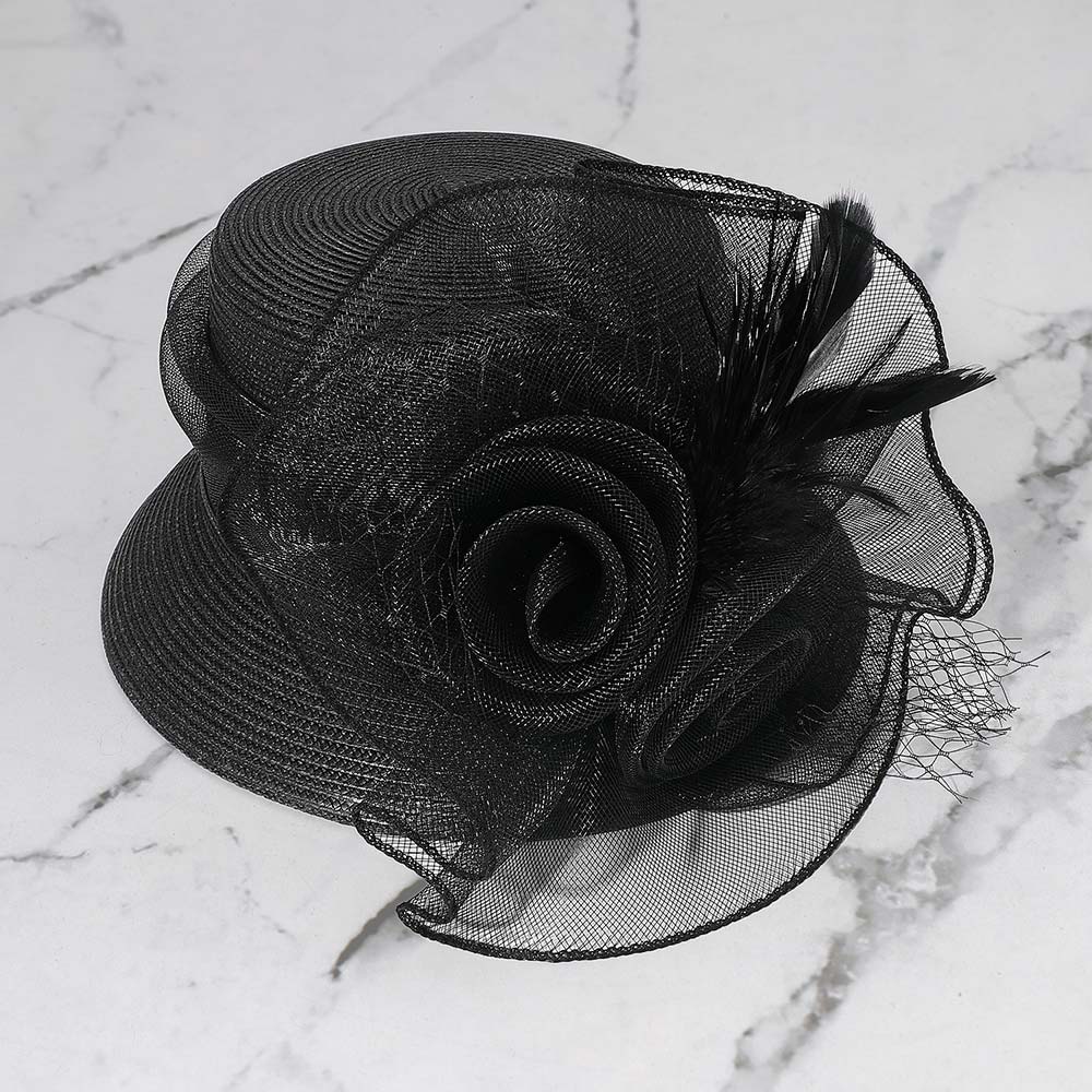 Mesh Flower Big Feather Pointed Dressy Hat - Image 2