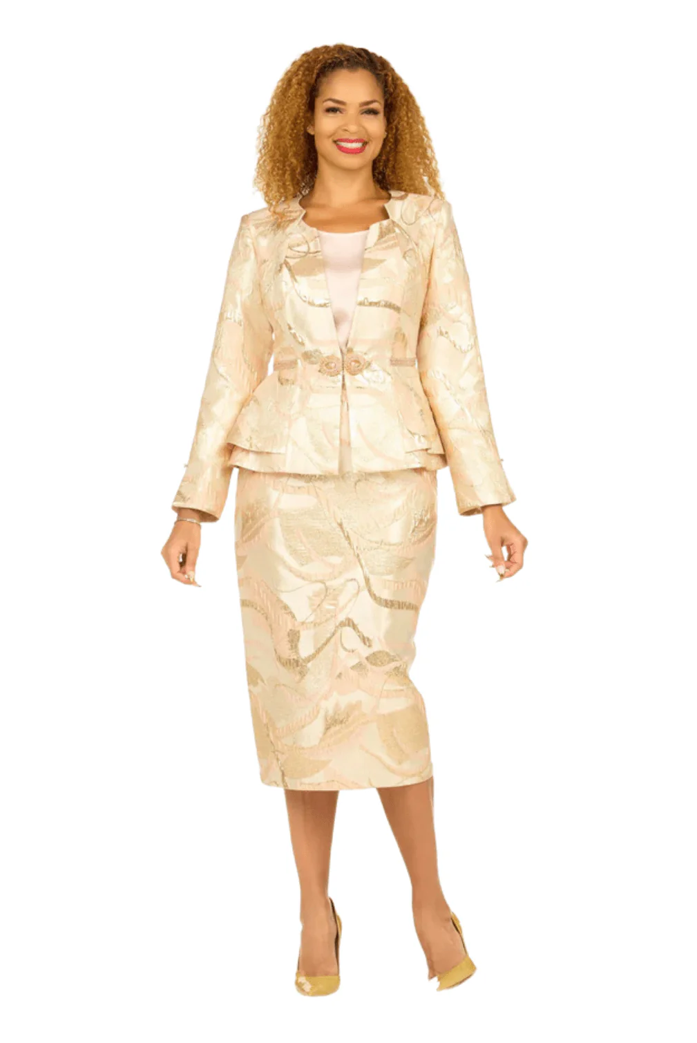 Metallic Brocade 3pc Skirt Suit w/ Peplum Jkt-Plus