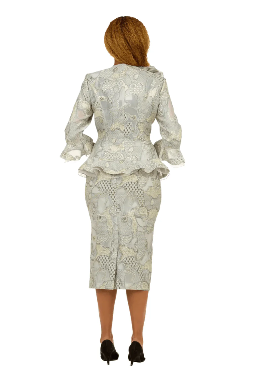 Metallic Brocade 3pc Suit w/ Organza Ruffle Jkt - Image 3
