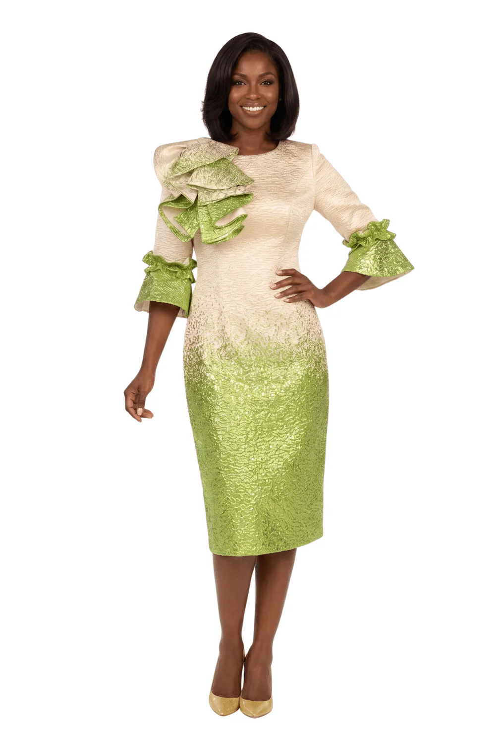 Metallic Brocade Ruffle-Shoulder Sheath Dress
