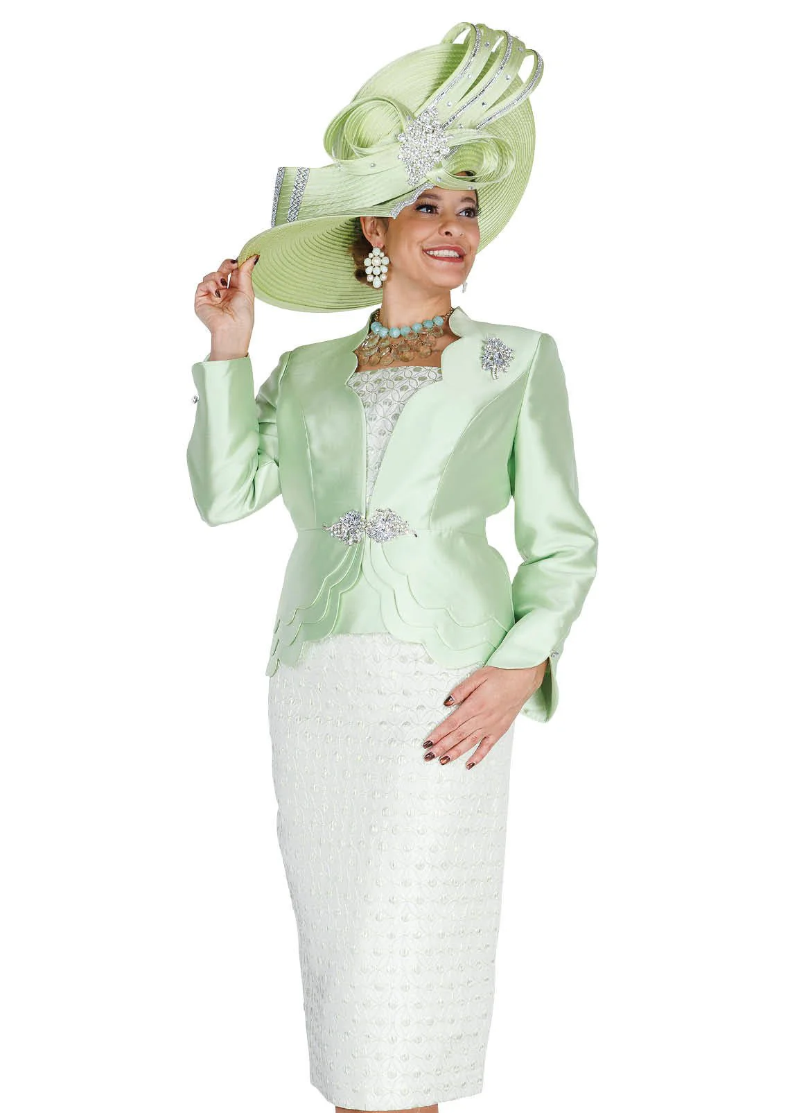 Mint & Silver 3-Piece Skirt Suit with Scalloped Peplum Jacket and Brocade Skirt - 6218