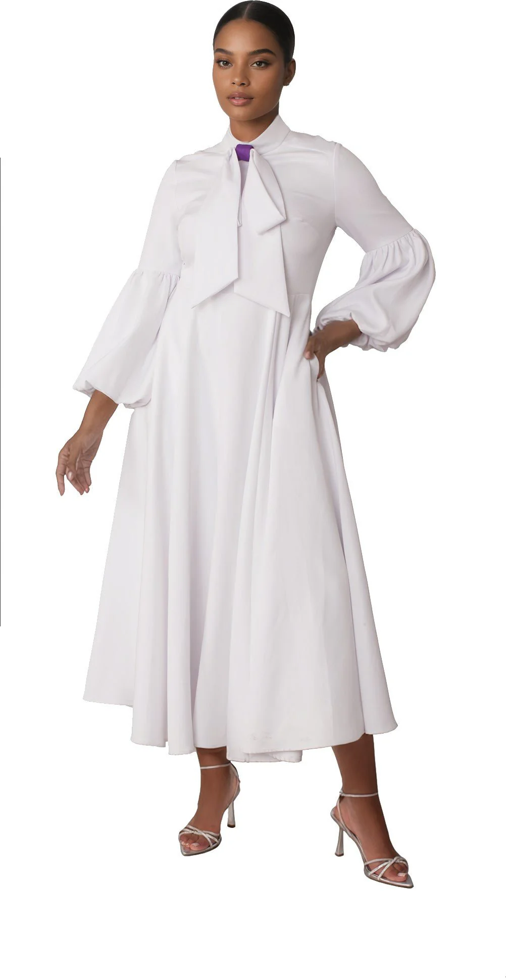 Modest Clergy Dress with Bell Sleeves and Tie Collar – 4846