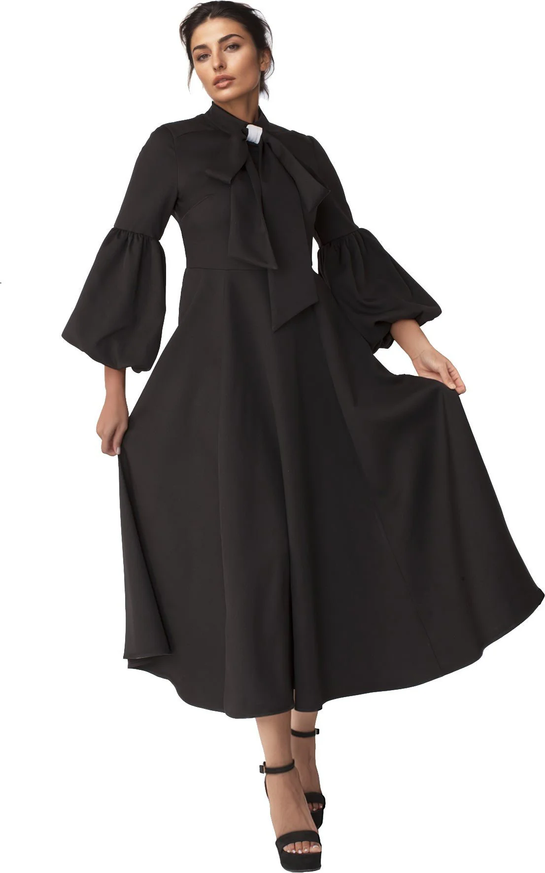 Modest Clergy Dress with Bell Sleeves and Tie Collar – 4846 - Image 3