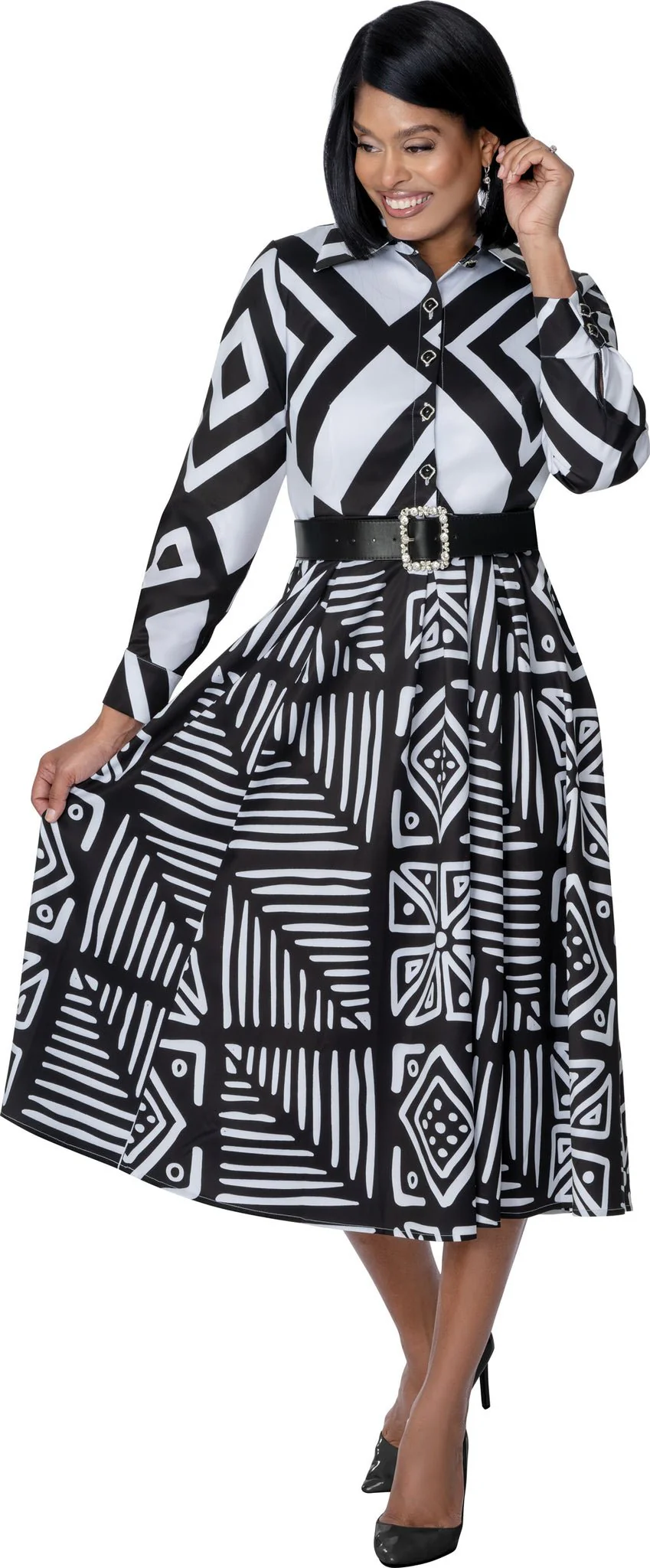 Monochrome Geometric Print Shirt Dress – Bold Black & White DN100971