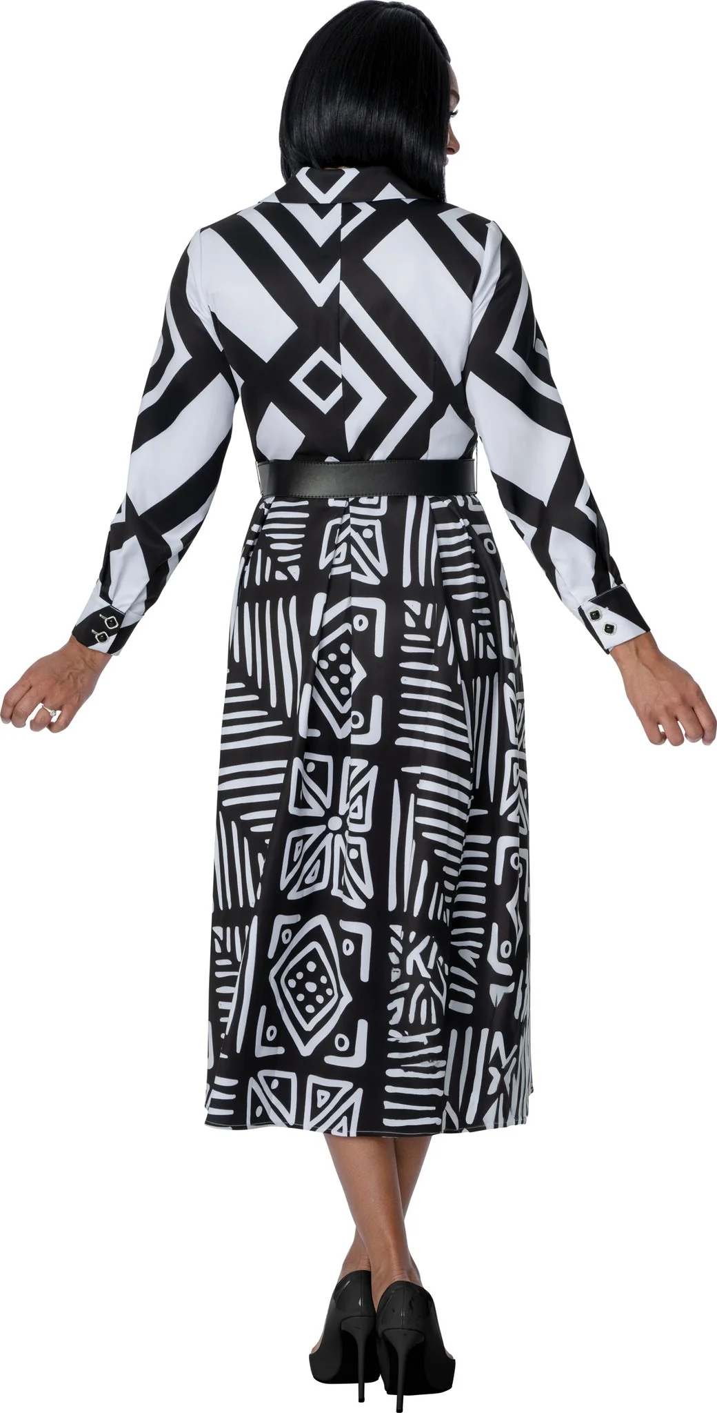 Monochrome Geometric Print Shirt Dress – Bold Black & White DN100971 - Image 2
