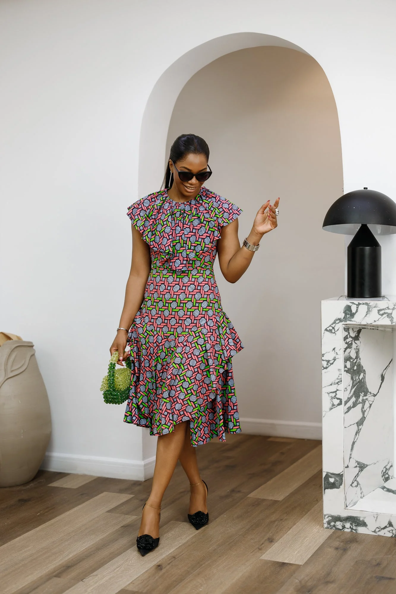 NALA AFRICAN PRINT RUFFLE NECK MIDI DRESS [PINK] - Image 2