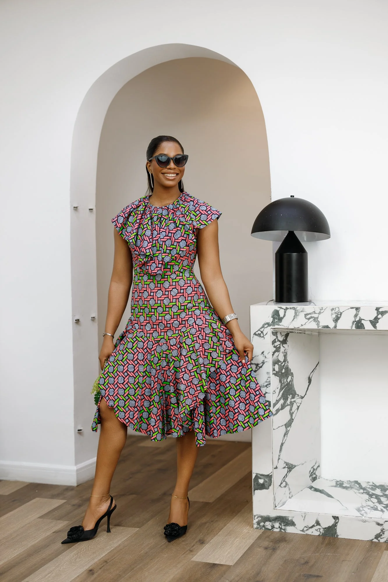 NALA AFRICAN PRINT RUFFLE NECK MIDI DRESS [PINK] - Image 3