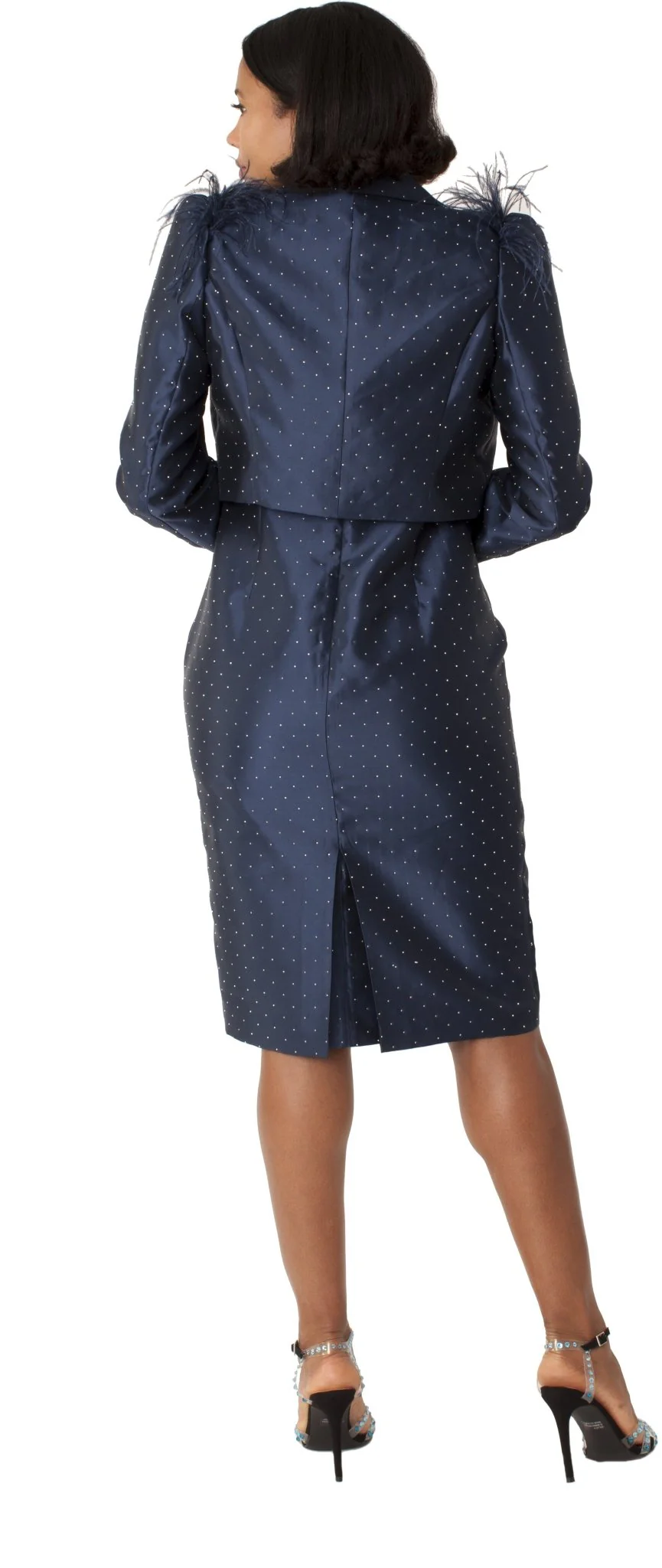 Navy Cocktail Dress and Jacket with Rhinestones & Feathered Shoulders - 9766 - Image 2
