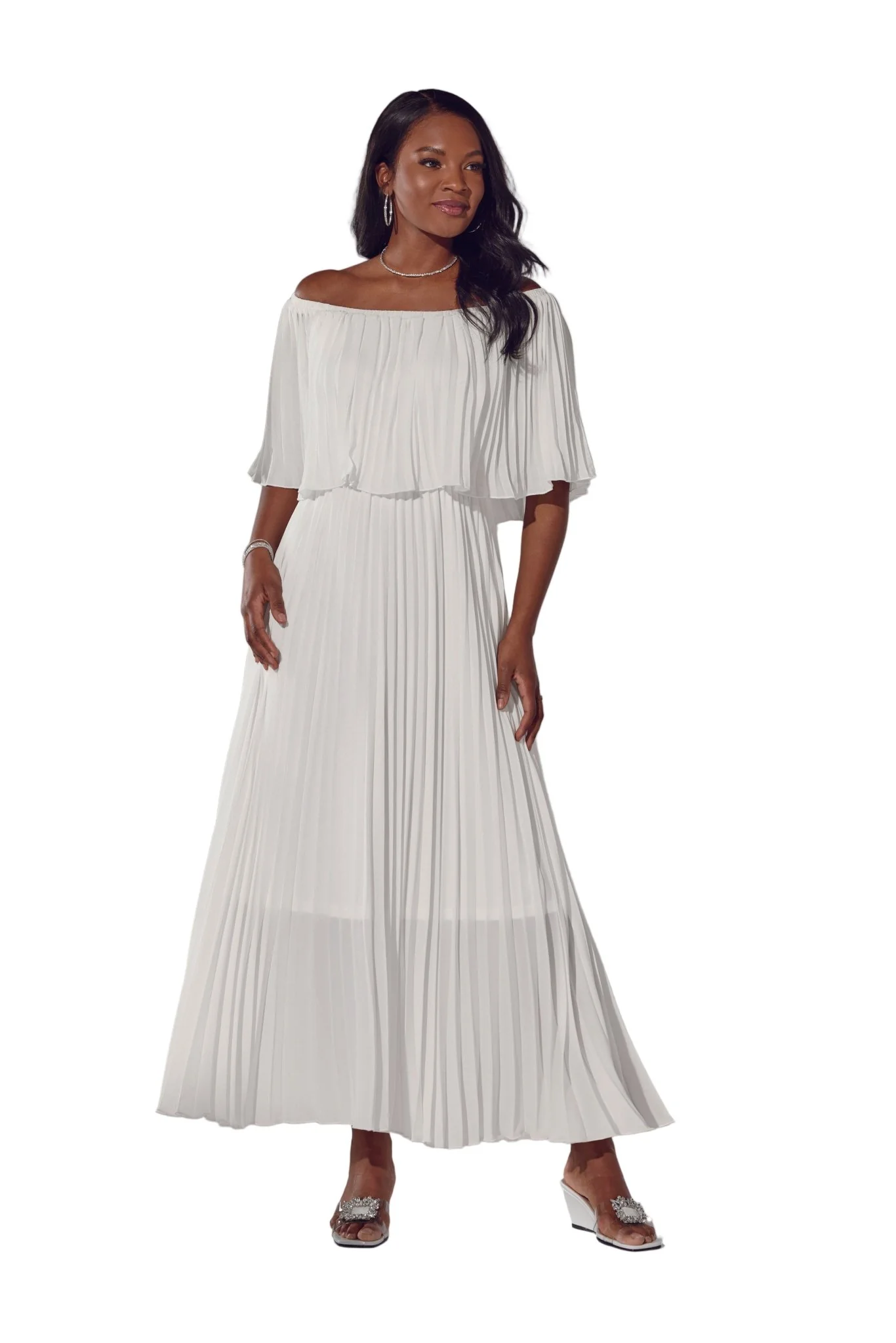 Off Shoulder Pleat Maxi Dress by Studio EY