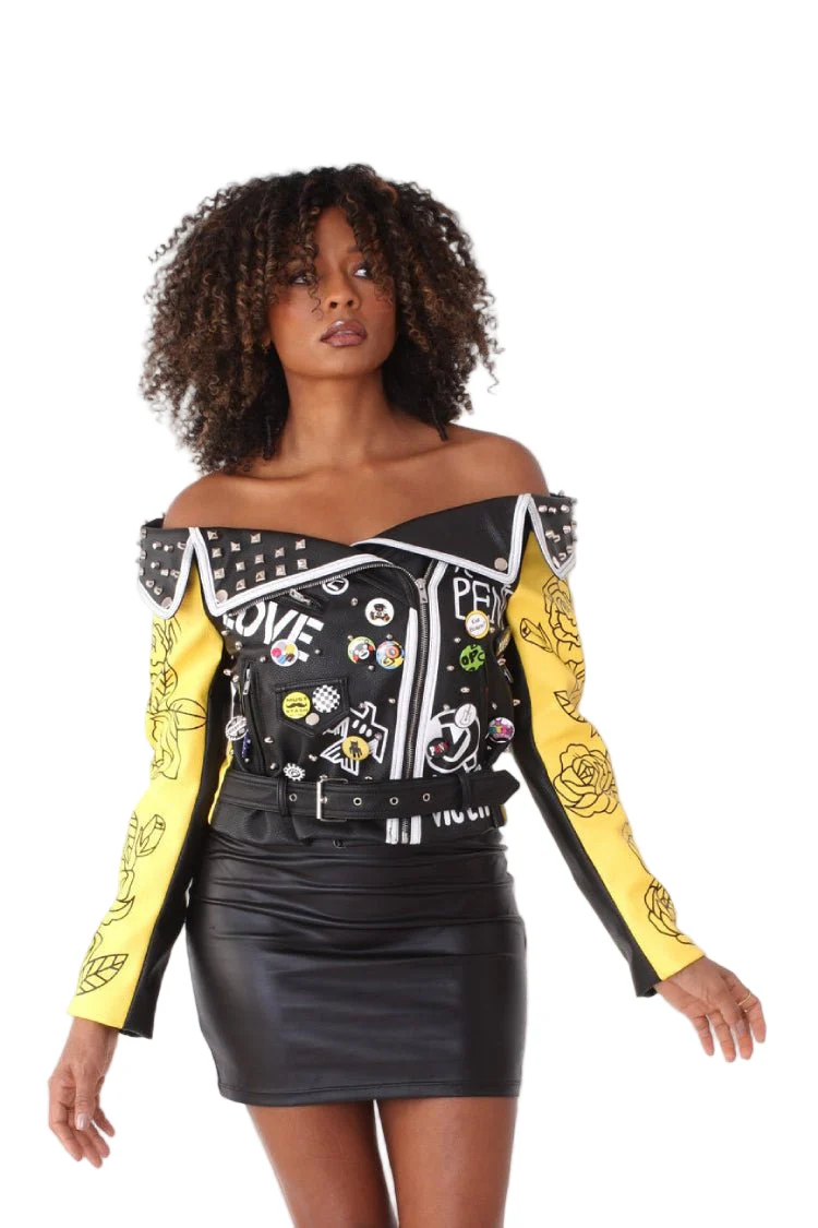 Off-The-Shoulder Leather Jacket -81780