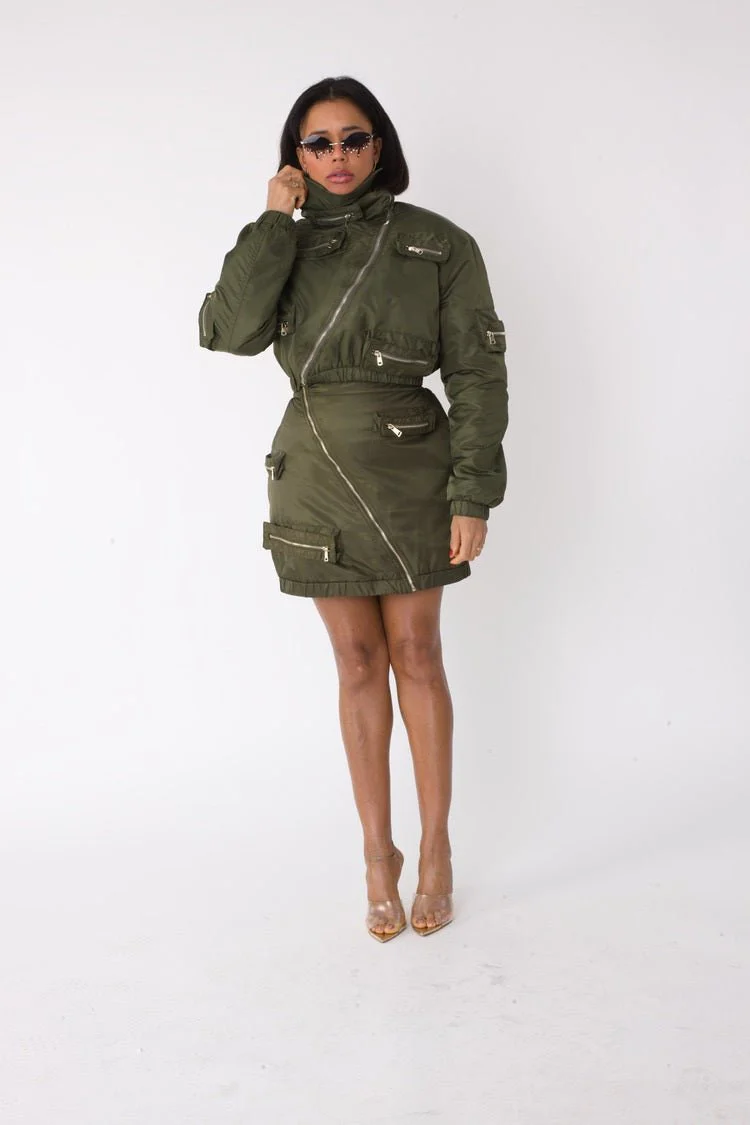 Olive Cropped Utility Bomber Jacket -82404 - Image 2