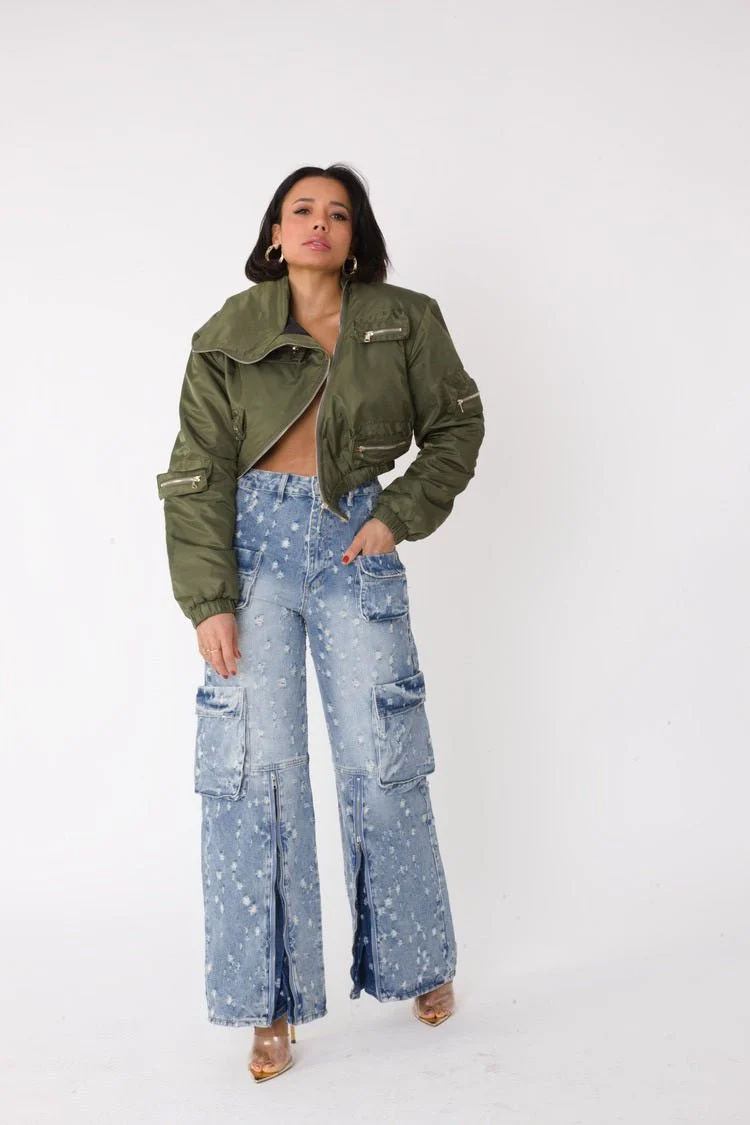 Olive Cropped Utility Bomber Jacket -82404 - Image 3