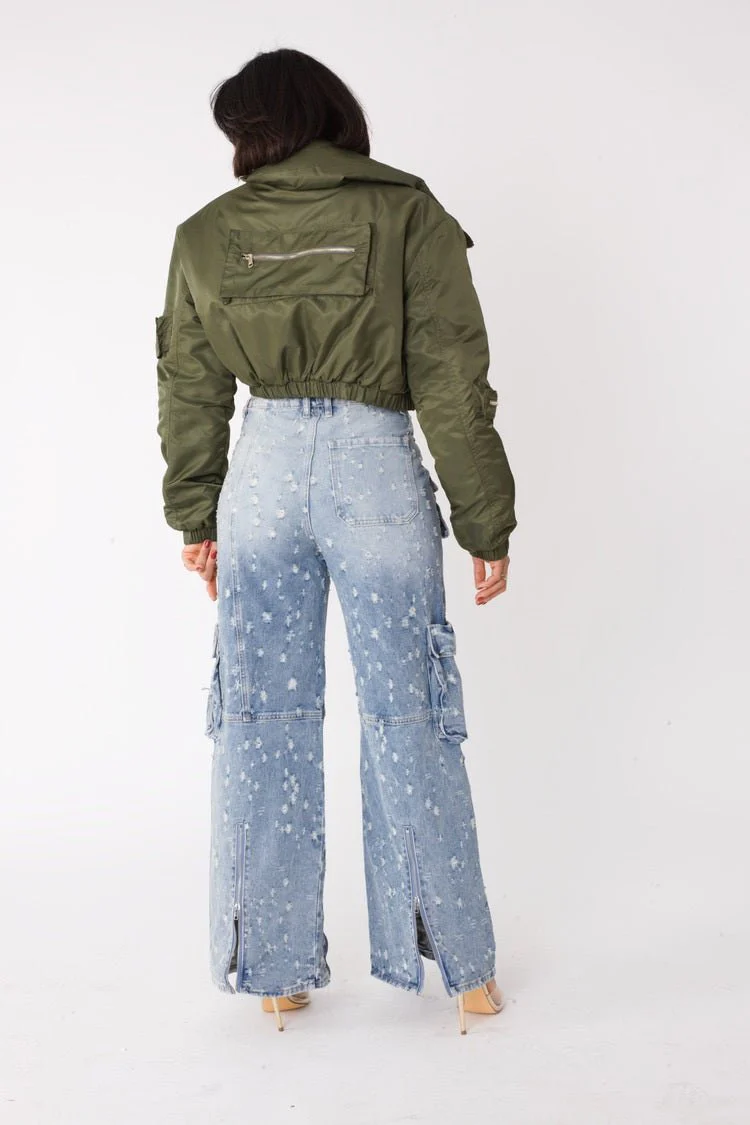 Olive Cropped Utility Bomber Jacket -82404 - Image 4