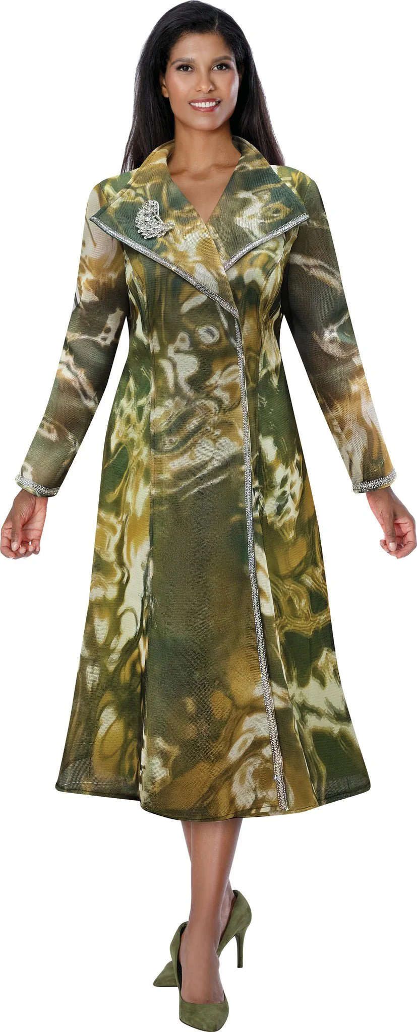 Olive Multi Marbled A-Line Coat Dress with Rhinestone Trim DN100731