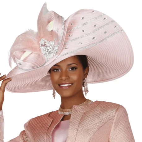 Peach Champagne Wide Brim Church Hat with Crystal & Feather Accents H6215