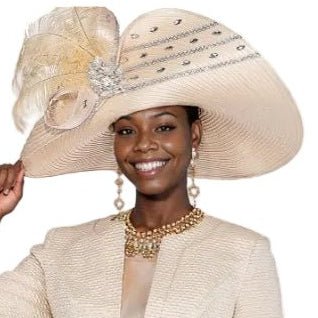 Peach Champagne Wide Brim Church Hat with Crystal & Feather Accents H6215 - Image 2