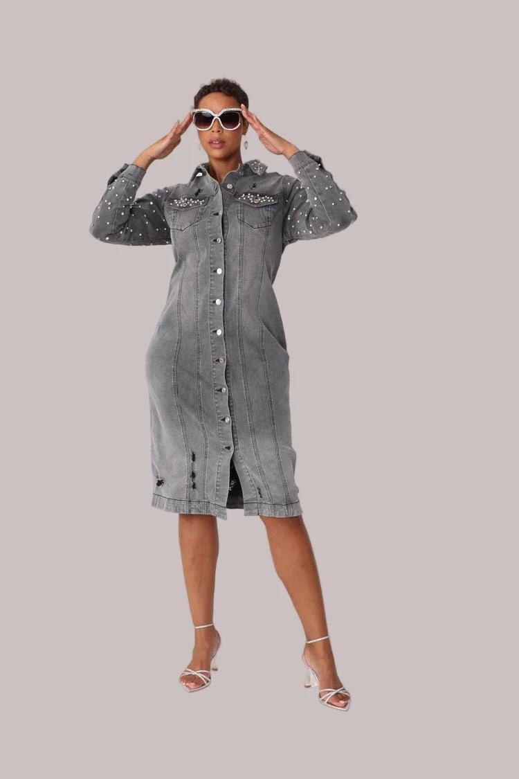 Pearl Embellished Grey Denim Midi Dress -82681
