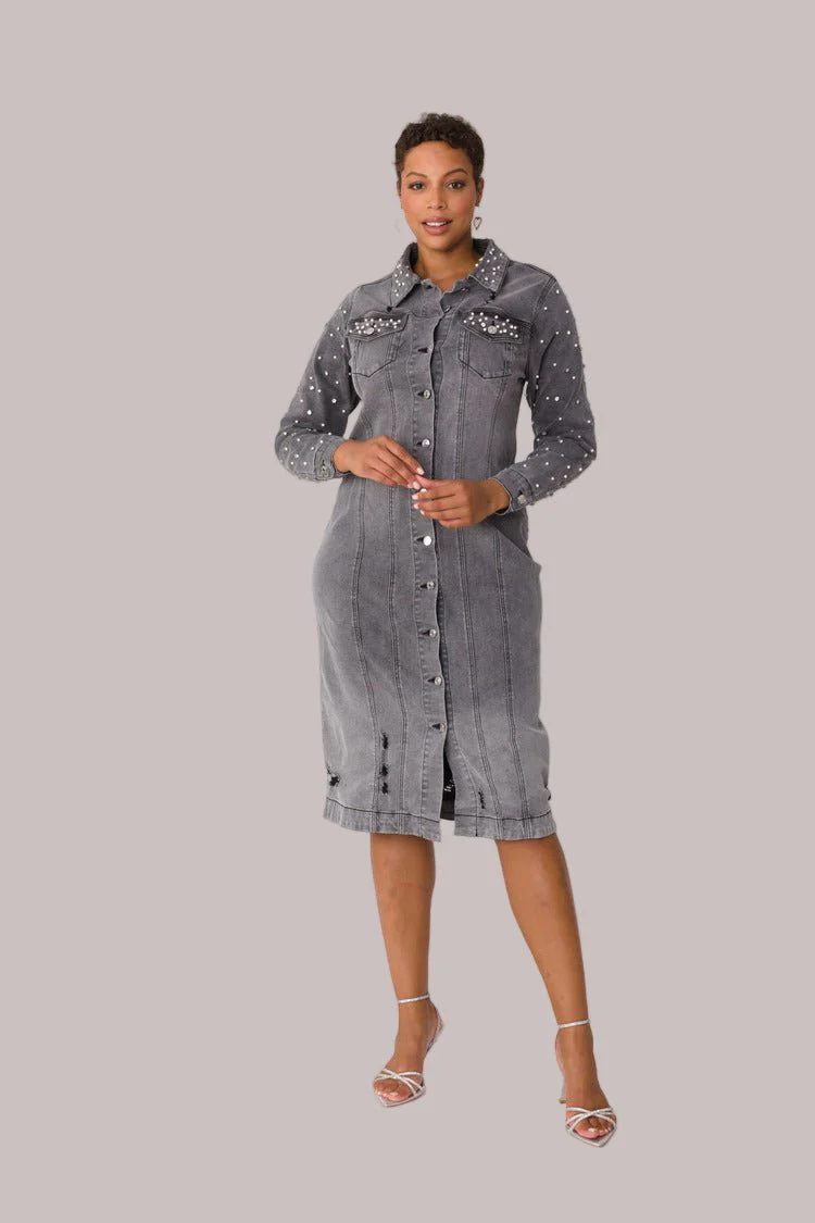 Pearl Embellished Grey Denim Midi Dress -82681 - Image 2