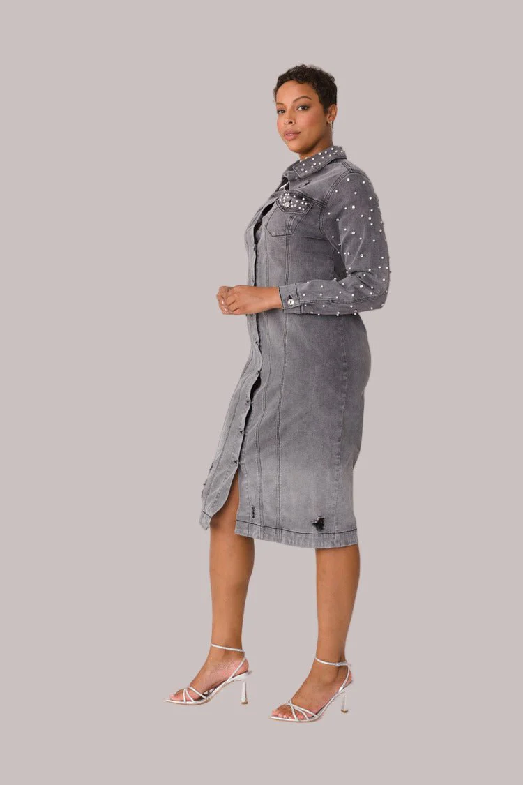 Pearl Embellished Grey Denim Midi Dress -82681 - Image 3