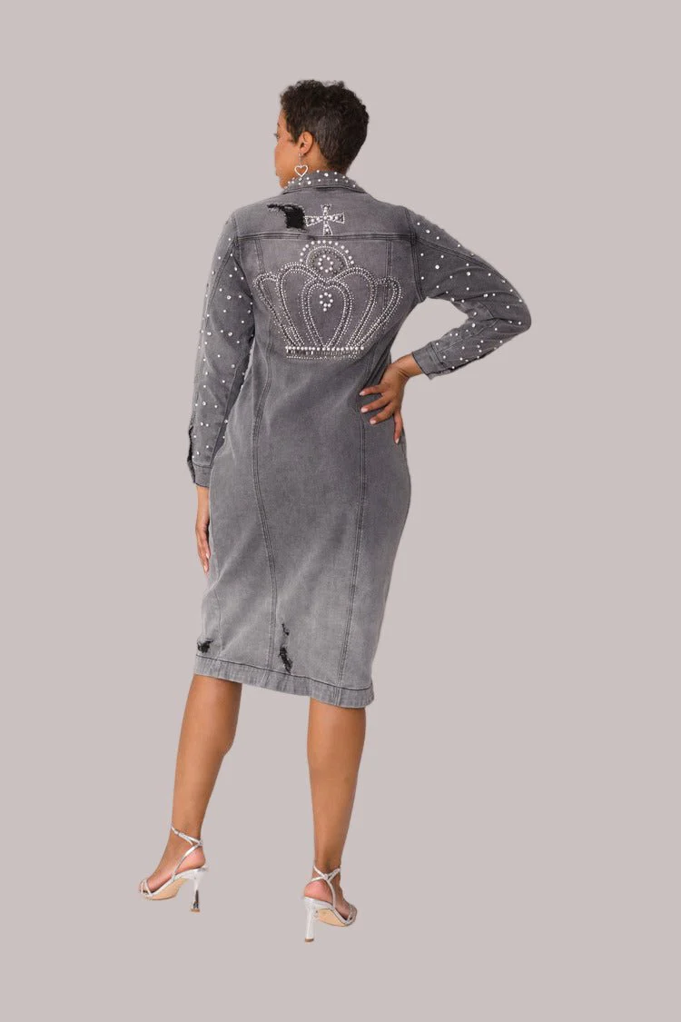 Pearl Embellished Grey Denim Midi Dress -82681 - Image 4