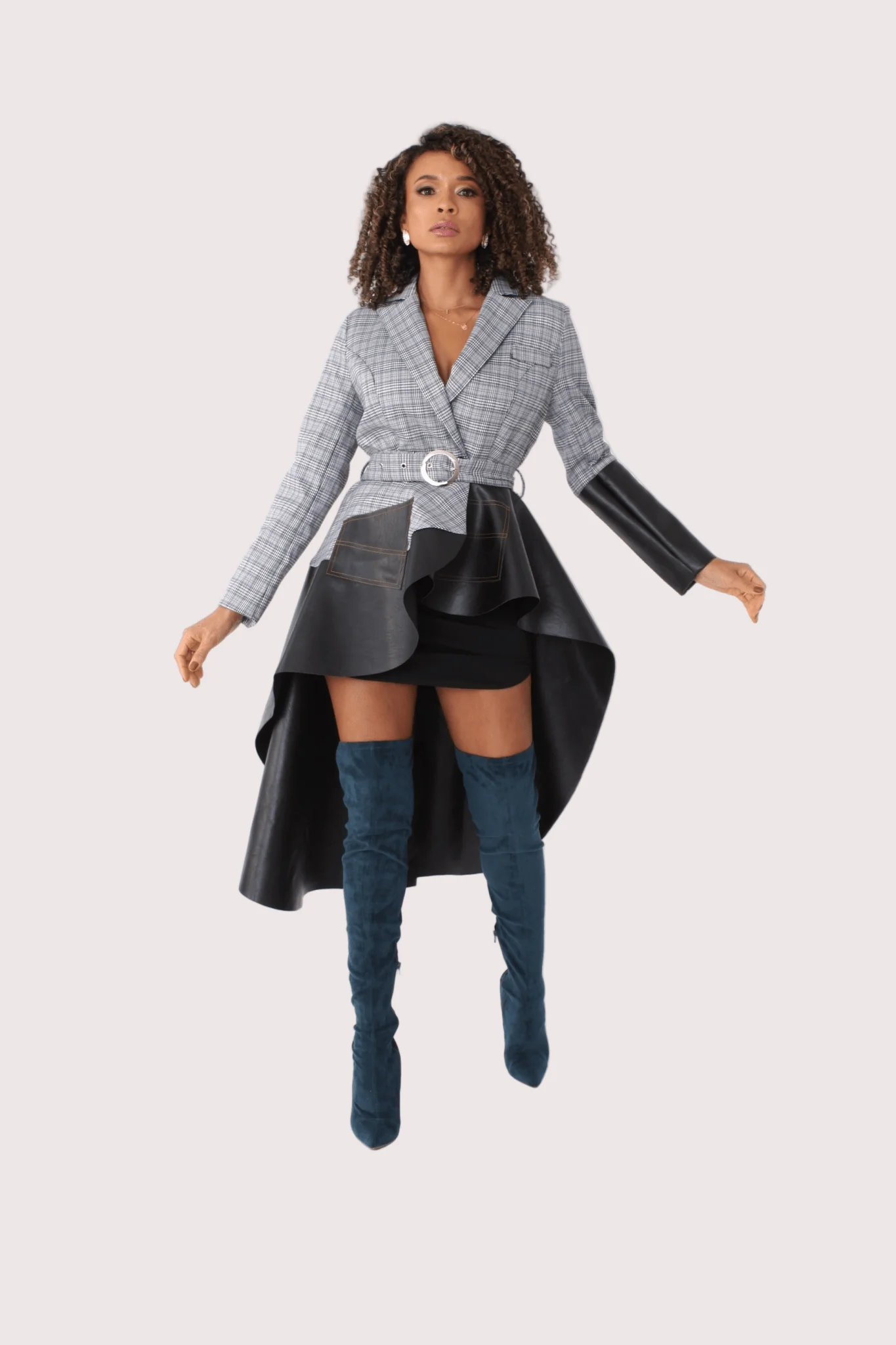 Plaid High-Low Blazer with Leather -82018 - Image 2