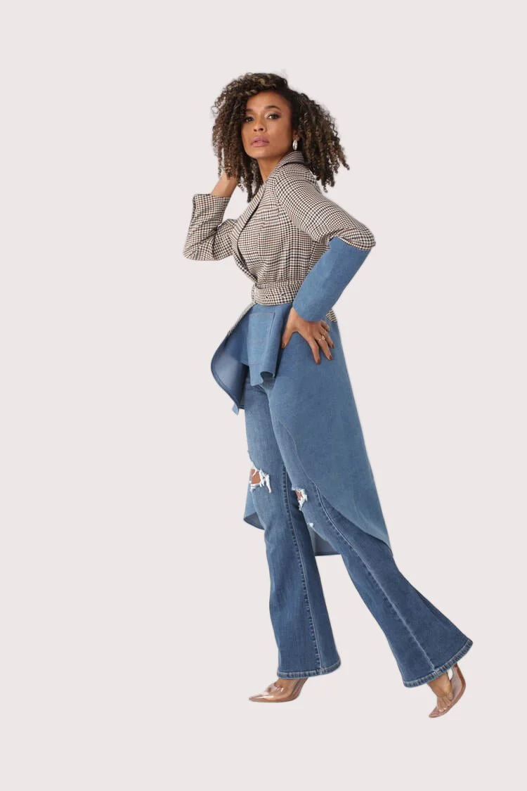 Plaid High-Low Blazer with Leather -82018 - Image 6