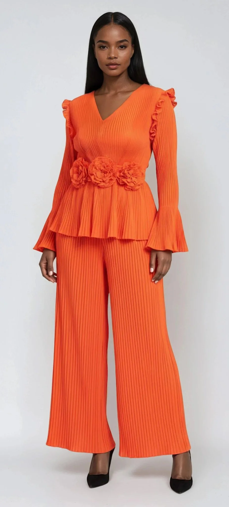 Pleated Peplum Pant Set with Floral Waist Detail - 82953
