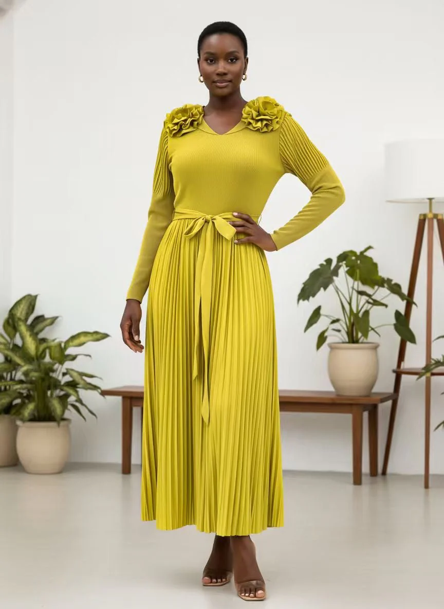 Pleated Rosette Shoulder Midi Dress - 83003 - Image 3