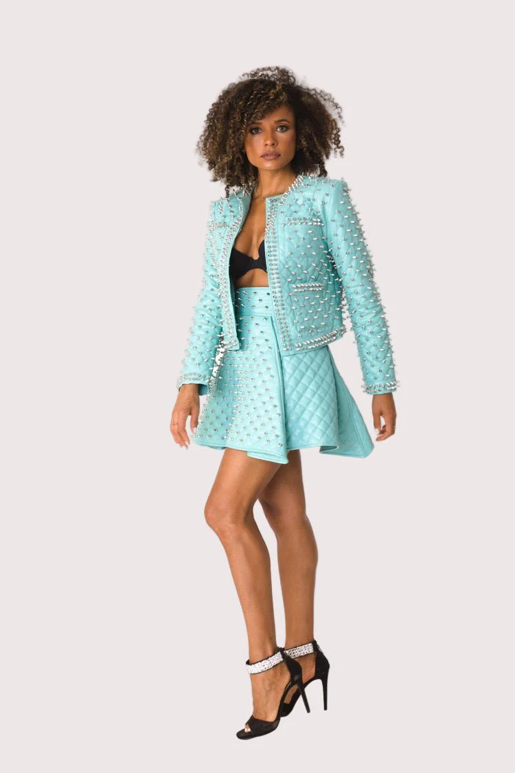 Pleather Quilted Flared Skirt with Studs- 81948 - Image 2