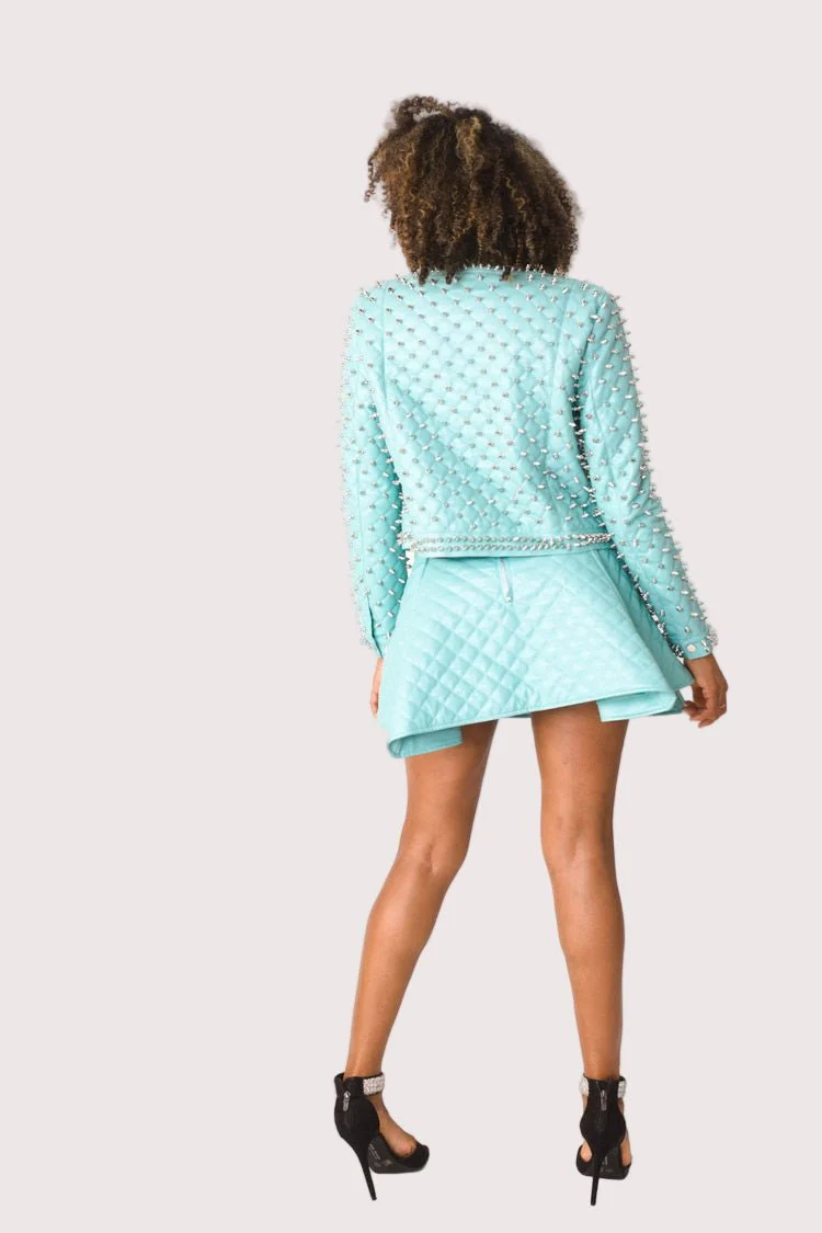 Pleather Quilted Flared Skirt with Studs- 81948 - Image 3