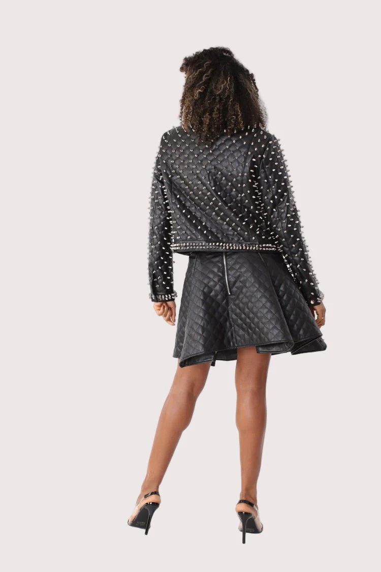 Pleather Quilted Flared Skirt with Studs- 81948 - Image 7