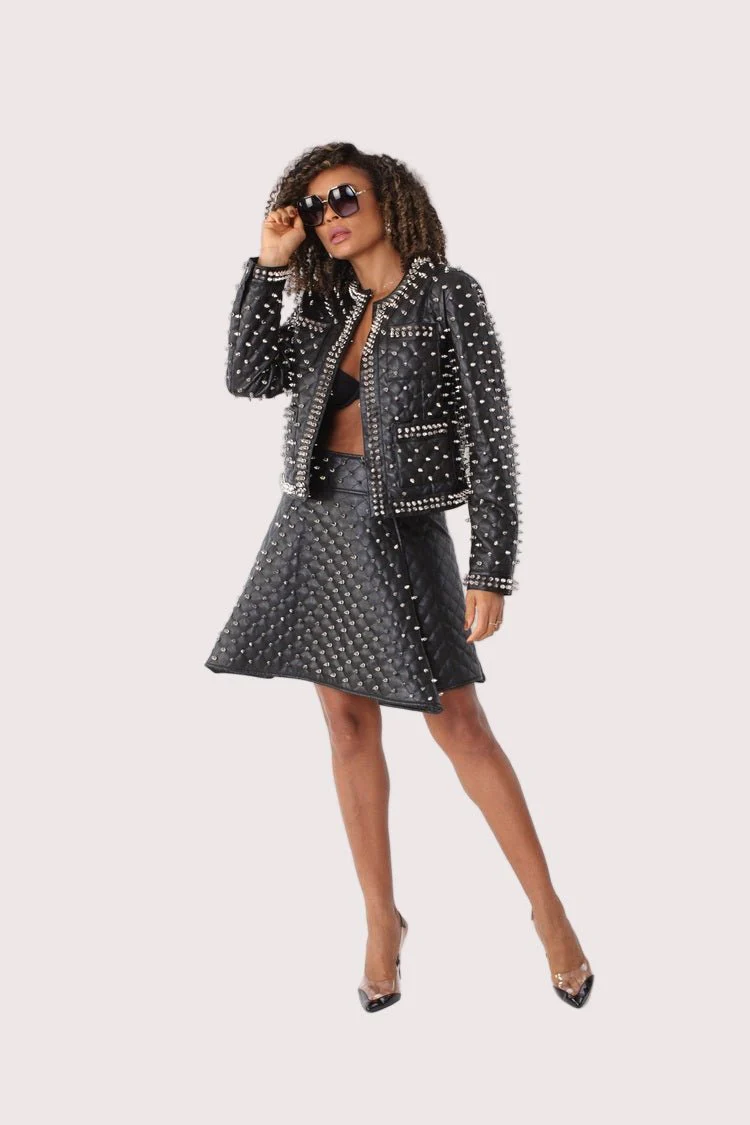 Pleather Quilted Flared Skirt with Studs- 81948 - Image 8