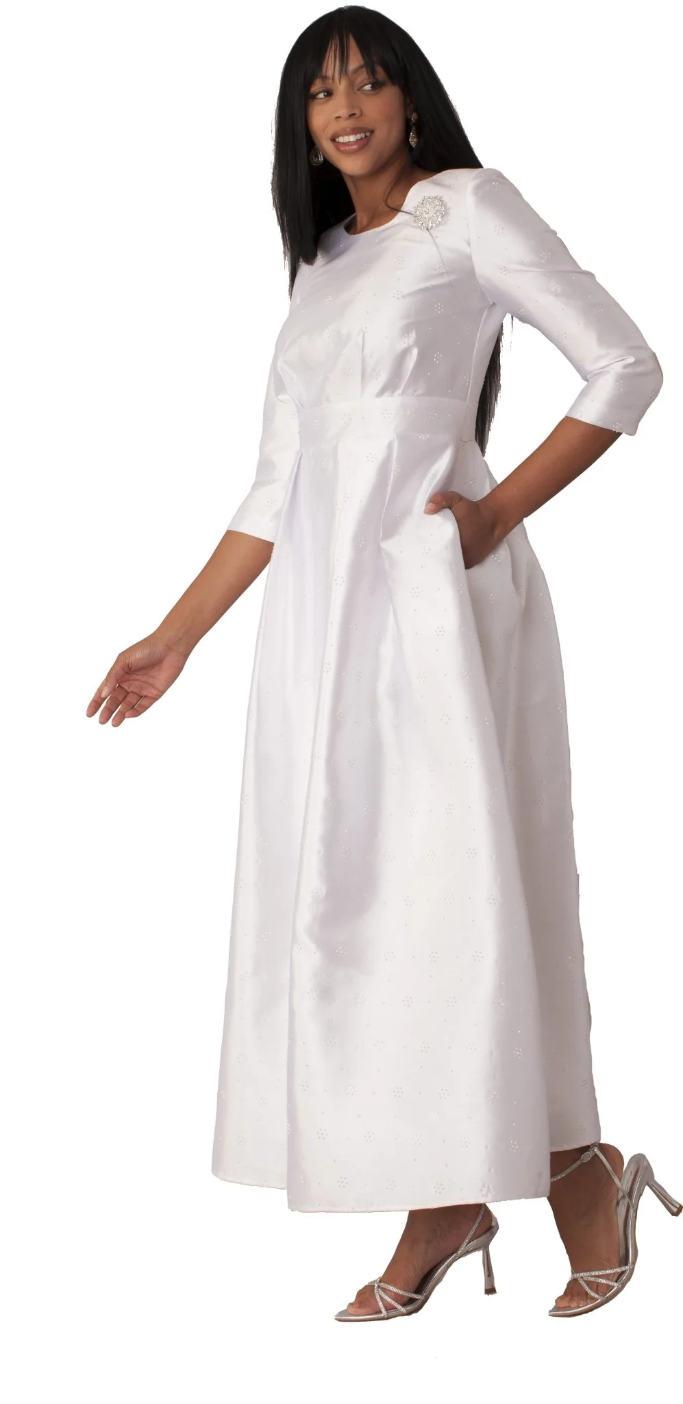 Plus Size 3/4 Sleeve Rhinestone Embellished Church Dress- 4826W
