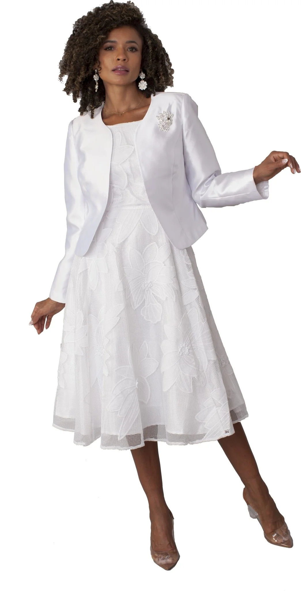 Plus Size Elegant 2-Piece Church Dress with Floral Lace and Jewel Brooch- 4806W