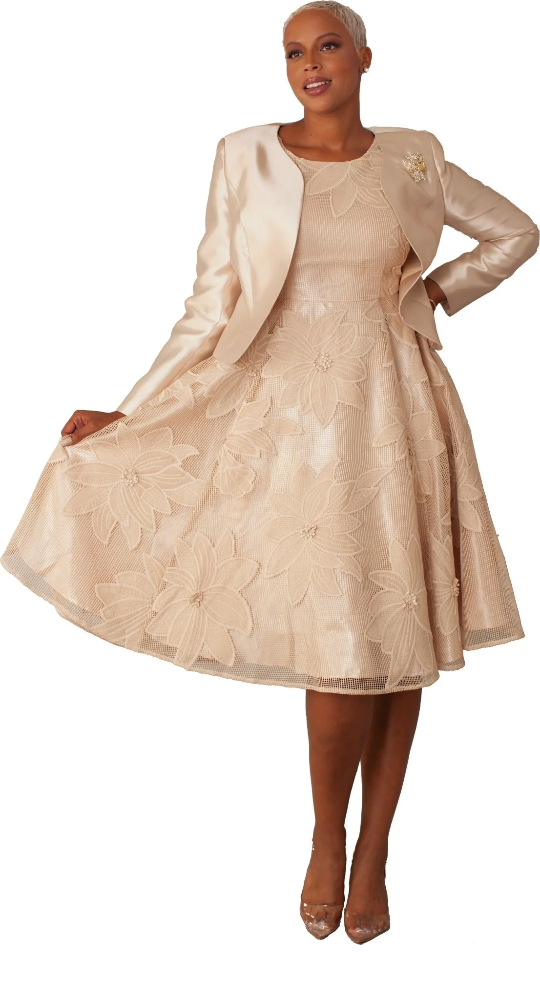 Plus Size Elegant 2-Piece Church Dress with Floral Lace and Jewel Brooch- 4806W - Image 3
