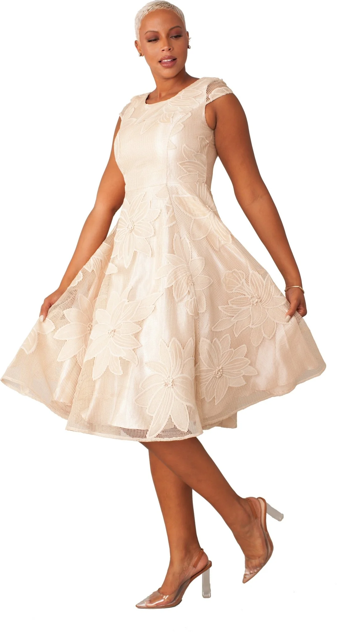 Plus Size Elegant 2-Piece Church Dress with Floral Lace and Jewel Brooch- 4806W - Image 4
