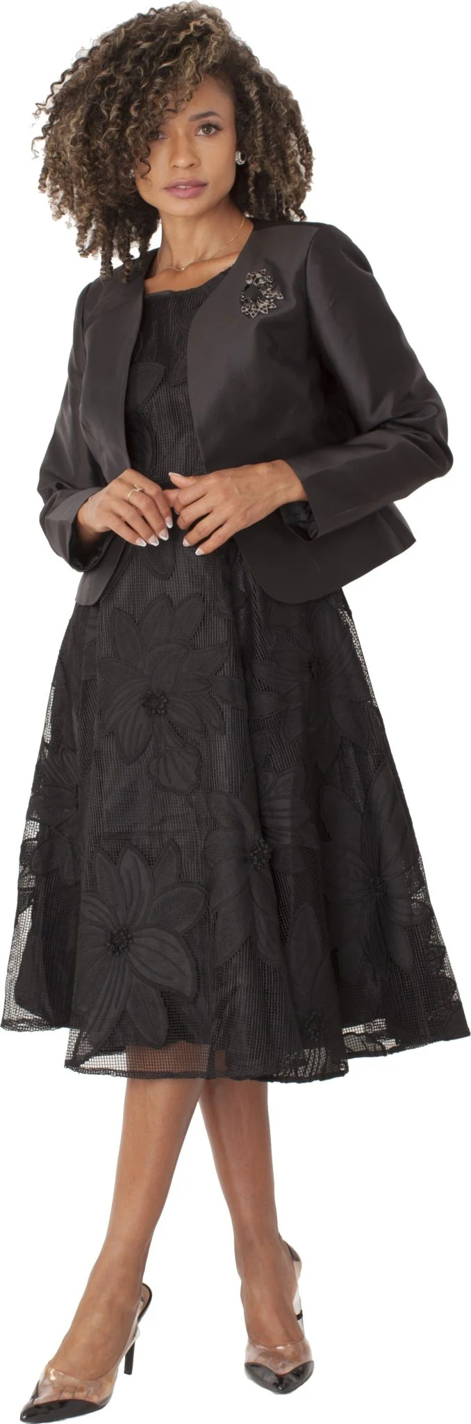 Plus Size Elegant 2-Piece Church Dress with Floral Lace and Jewel Brooch- 4806W - Image 5
