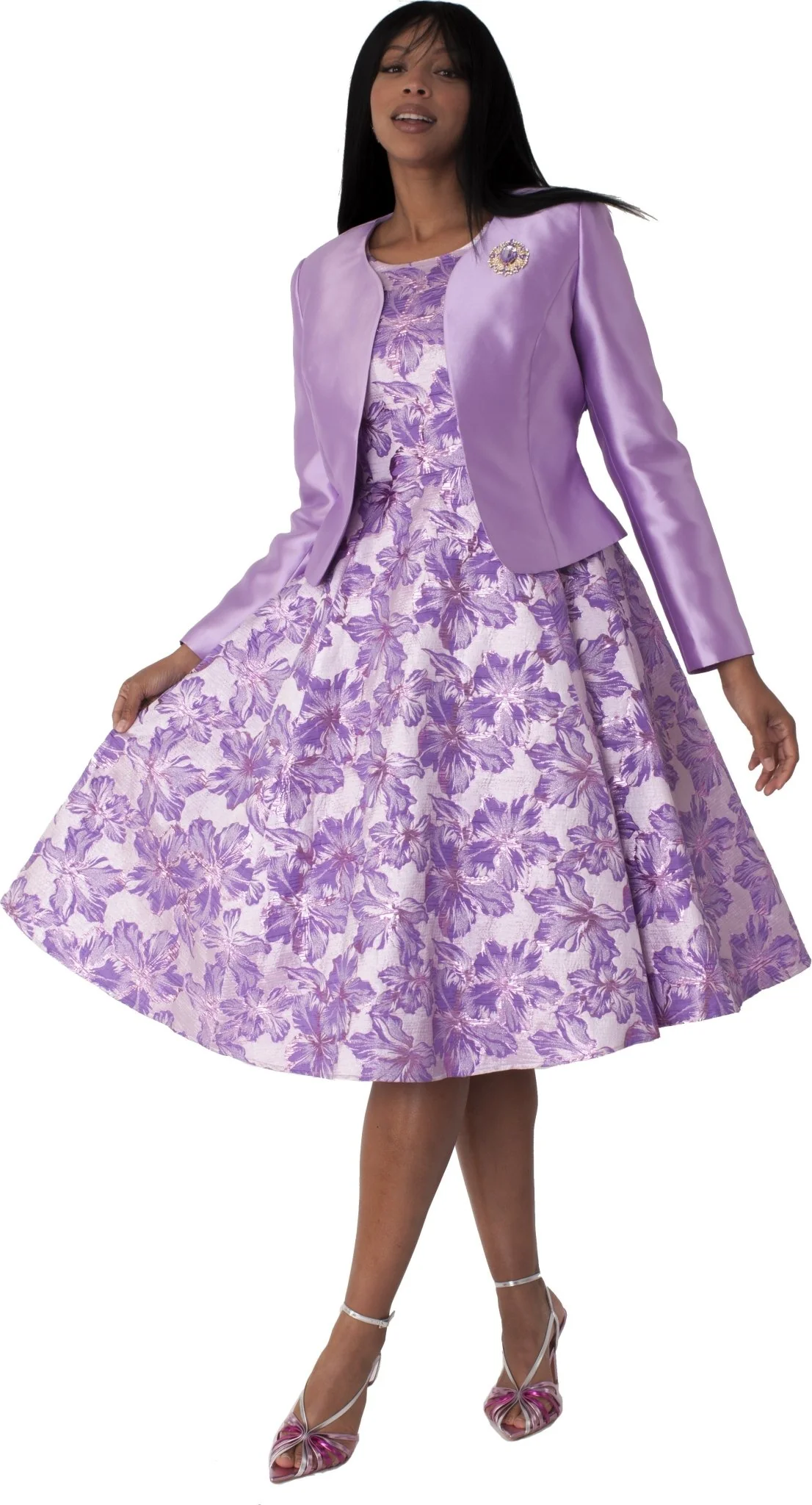 Plus Size Floral Brocade Church Dress with Jacket- 4819W - Image 3