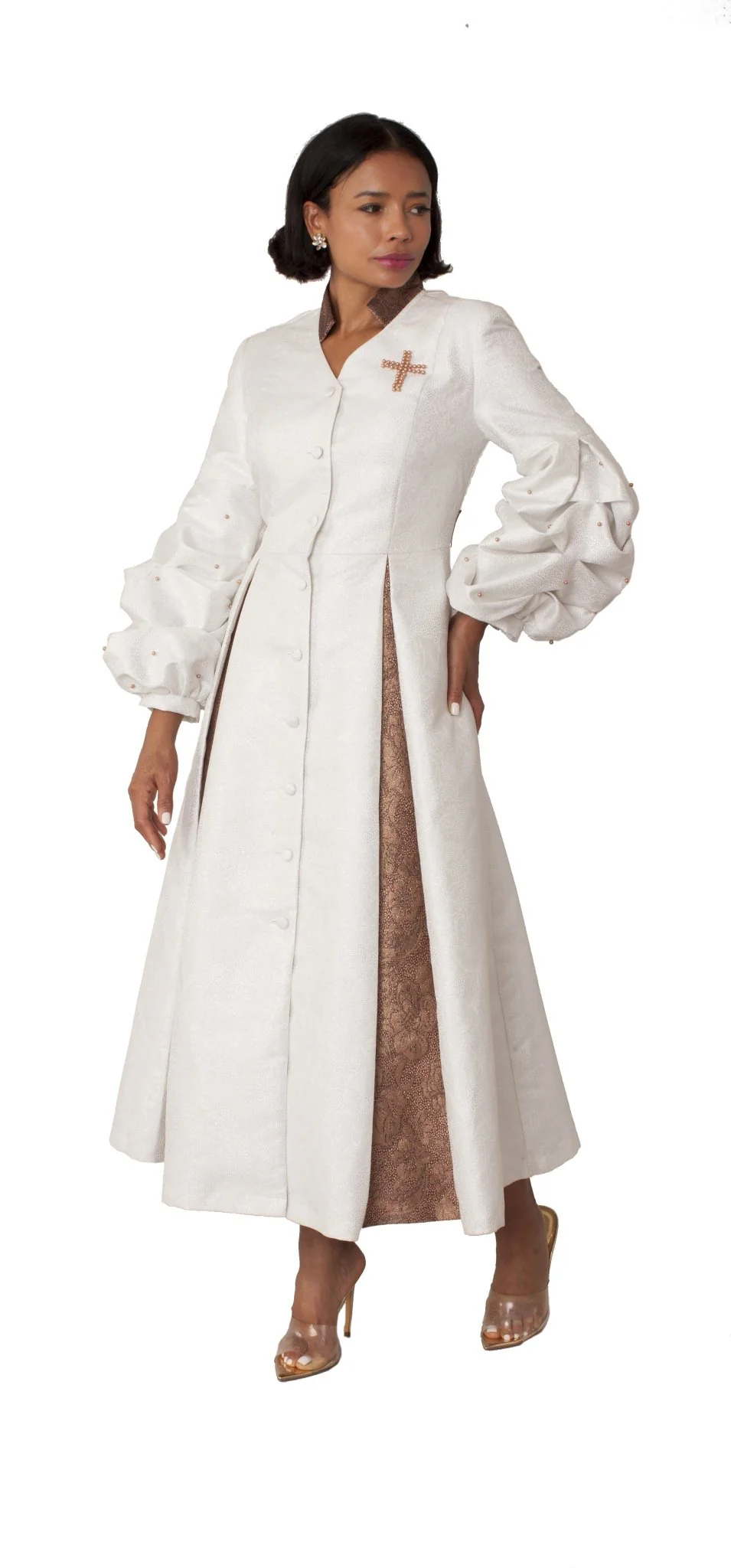 Plus Size Formal Church Coat Dress with Puff Sleeves and Pearl Cross – 4850W