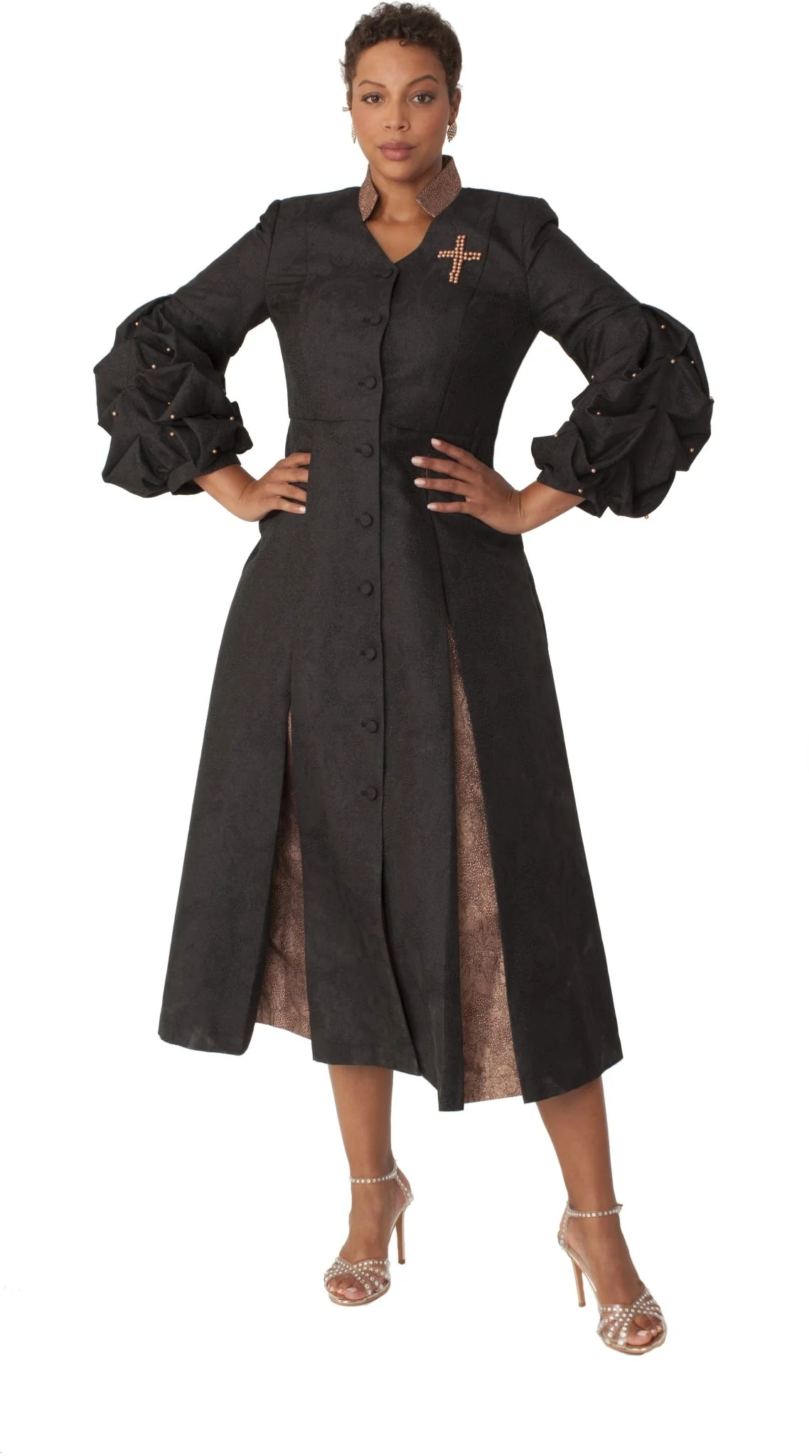 Plus Size Formal Church Coat Dress with Puff Sleeves and Pearl Cross – 4850W - Image 3