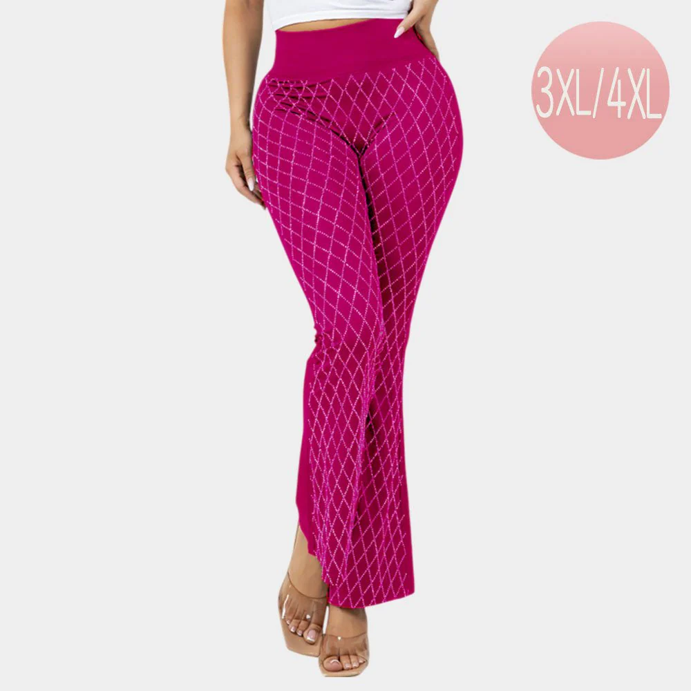 Plus Size High Waisted Bling Studded Diamond Pattern Flare Leggings - Image 2
