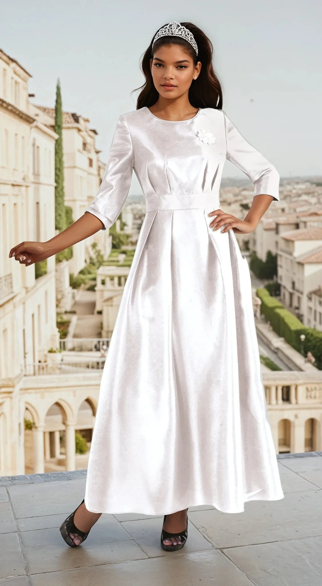 Plus Size Satin Dress with Rhinestone Brooch -4497W