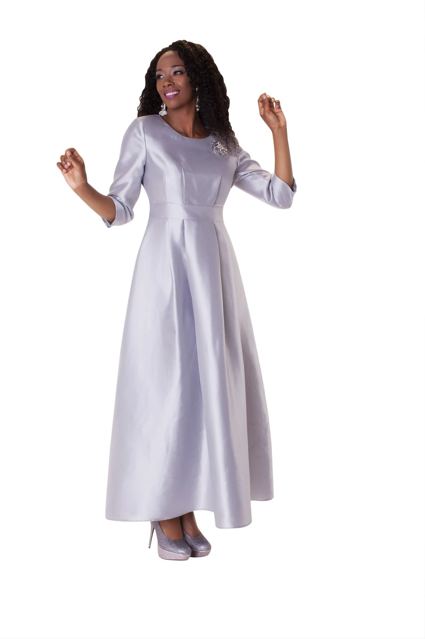 Plus Size Satin Dress with Rhinestone Brooch -4497W - Image 5