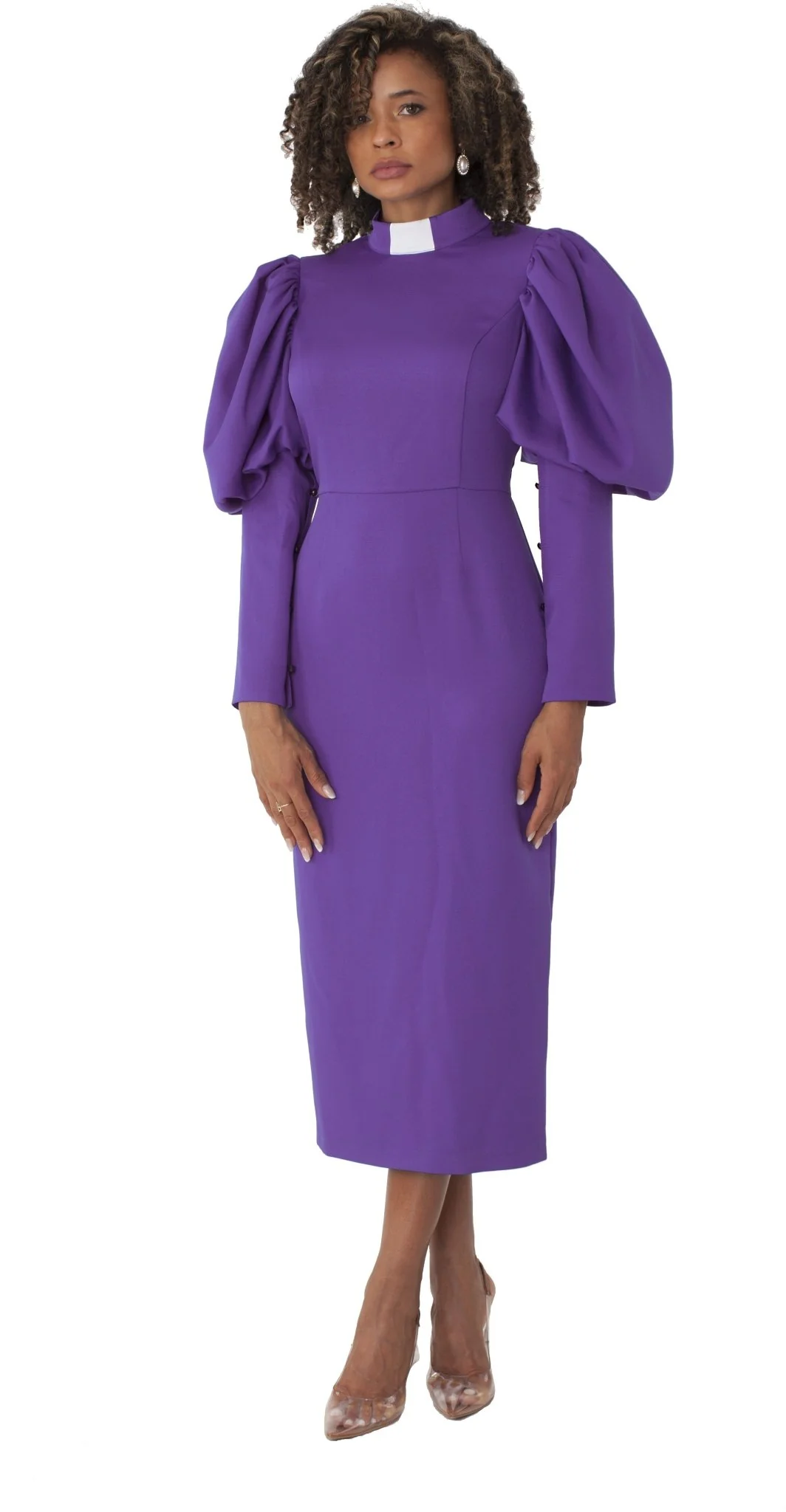 Plus Size Women's Clergy Dress with Puff Sleeves and Classic Collar- 4813W