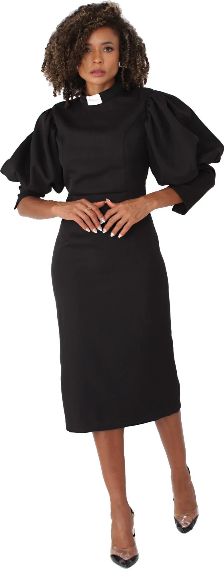 Plus Size Women's Clergy Dress with Puff Sleeves and Classic Collar- 4813W - Image 6